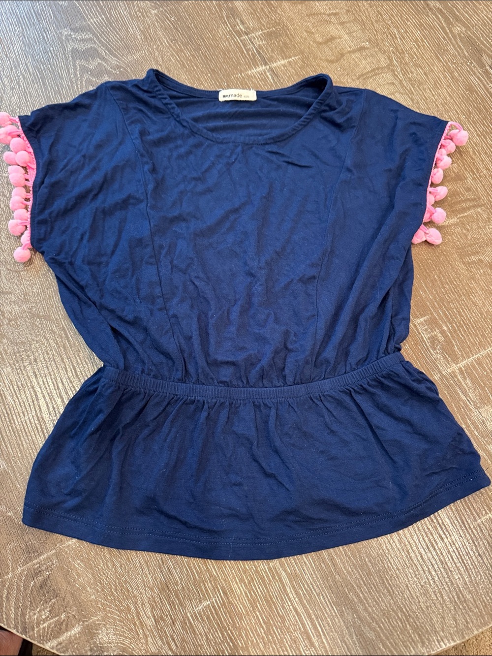 LAmade Navy Peplum Top with Pink Pom Sleeve Detail